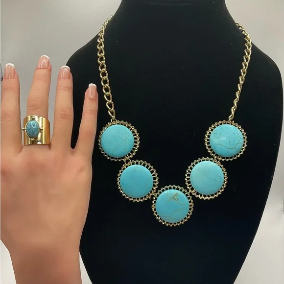 Gold and Turquoise Necklace and Ring Set - Picture 2 of 9